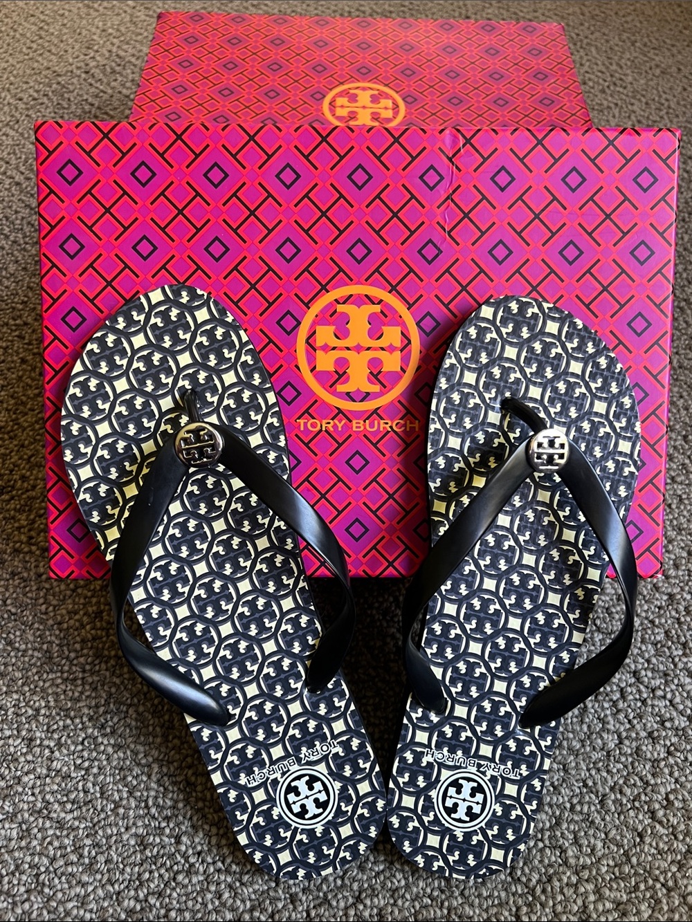 Tory Burch Black Logo-Print Flip Flop Sandals with Silver Emblem